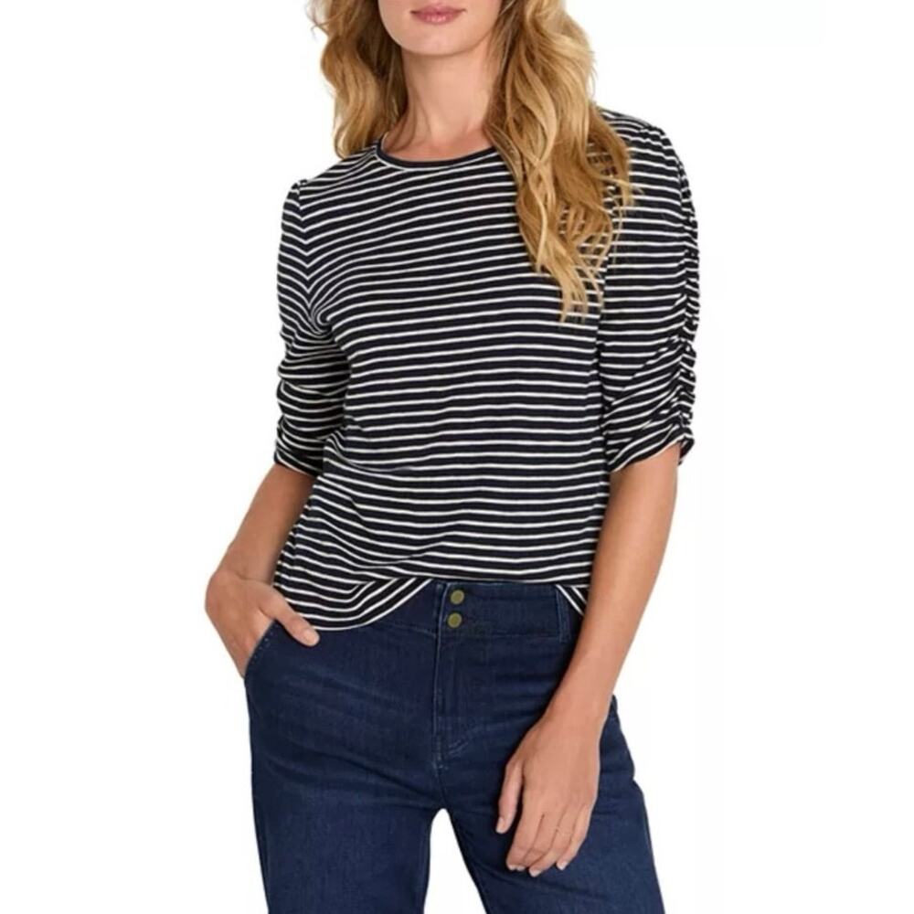 NWOT NZT By NIC+ZOE Striped Ruched Elbow Sleeve Top in Black/White Stripe SZ S
